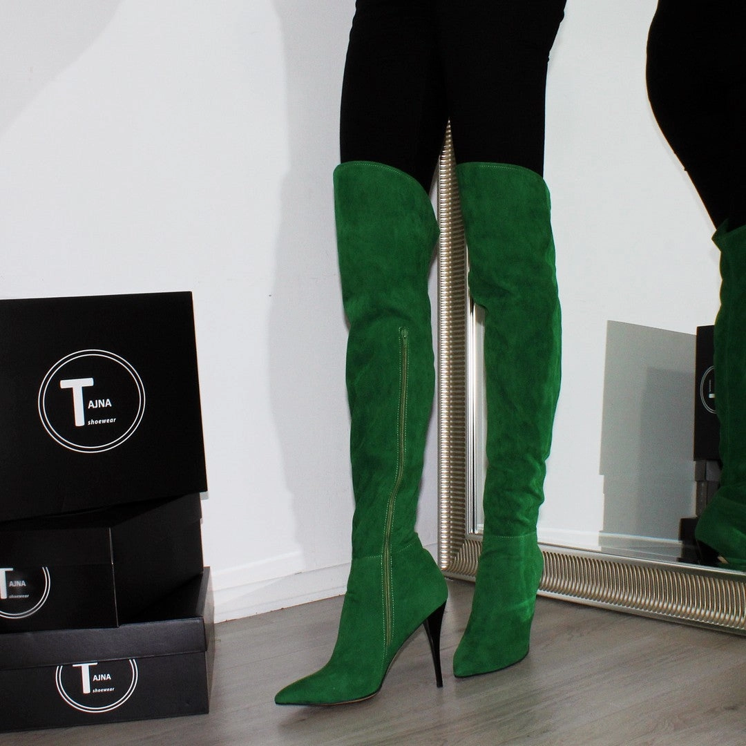Over Knee Green Suede Pointed Nose Boots