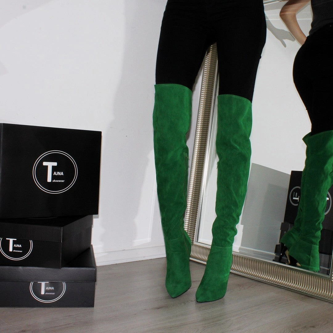 Over Knee Green Suede Pointed Nose Boots