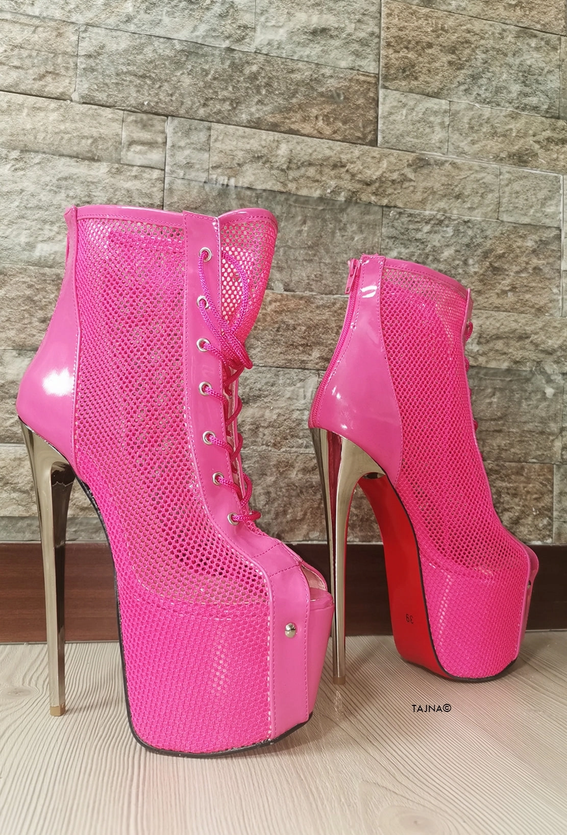Pink Lace Up Fishnet Booties