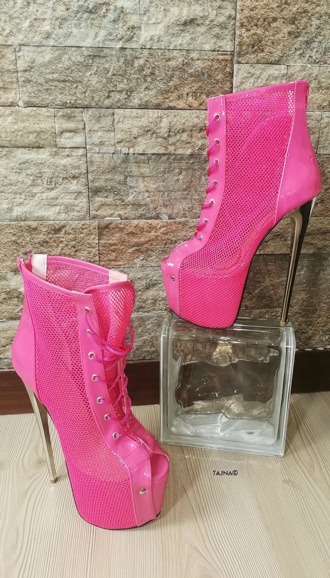 Pink Lace Up Fishnet Booties