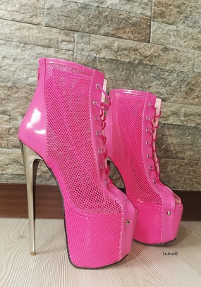 Pink Lace Up Fishnet Booties