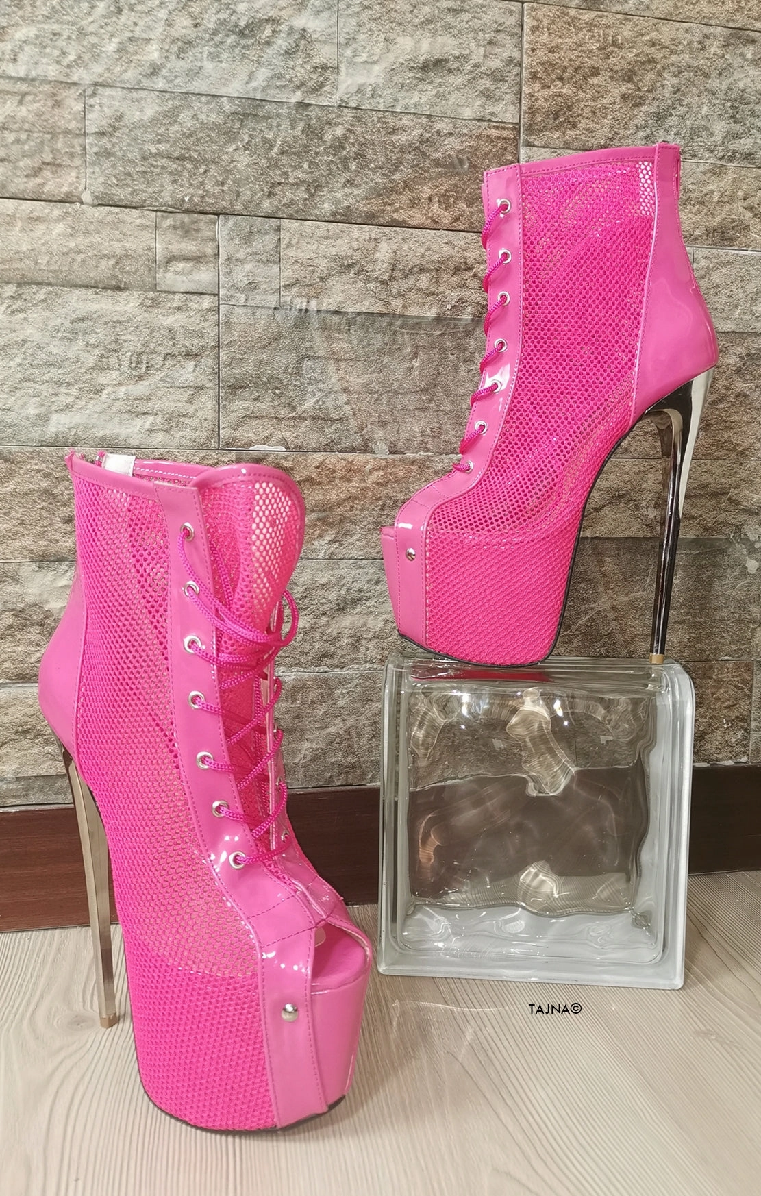 Pink Lace Up Fishnet Booties