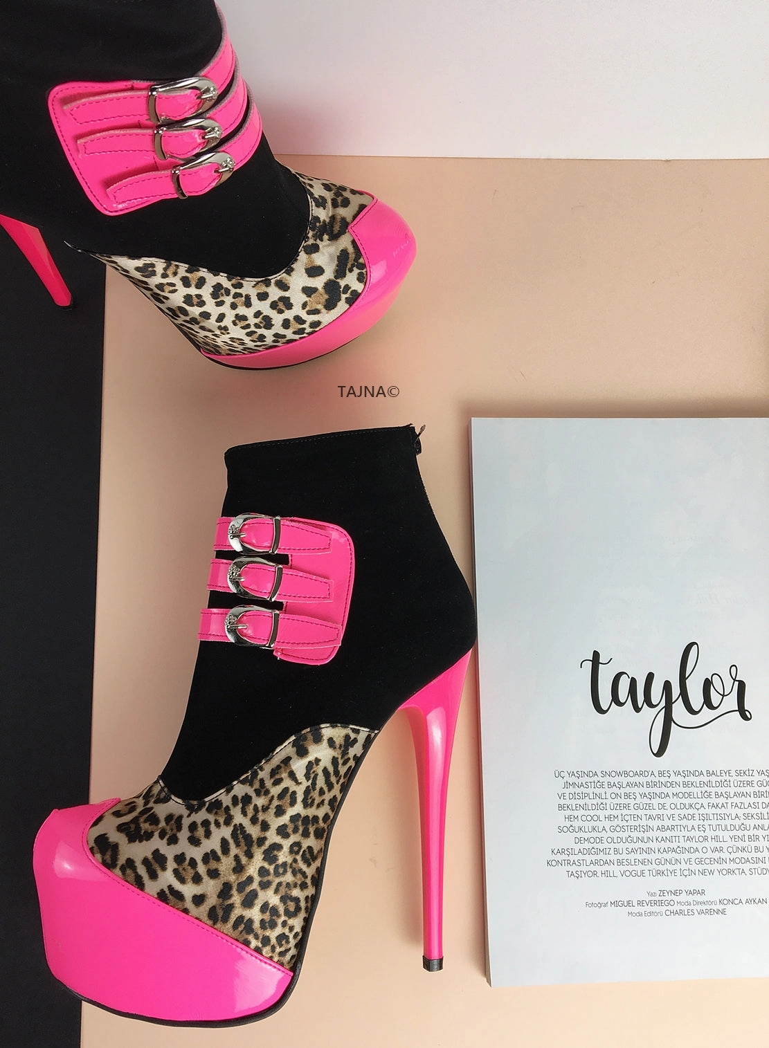 Pink Leopard Black Belted Boots