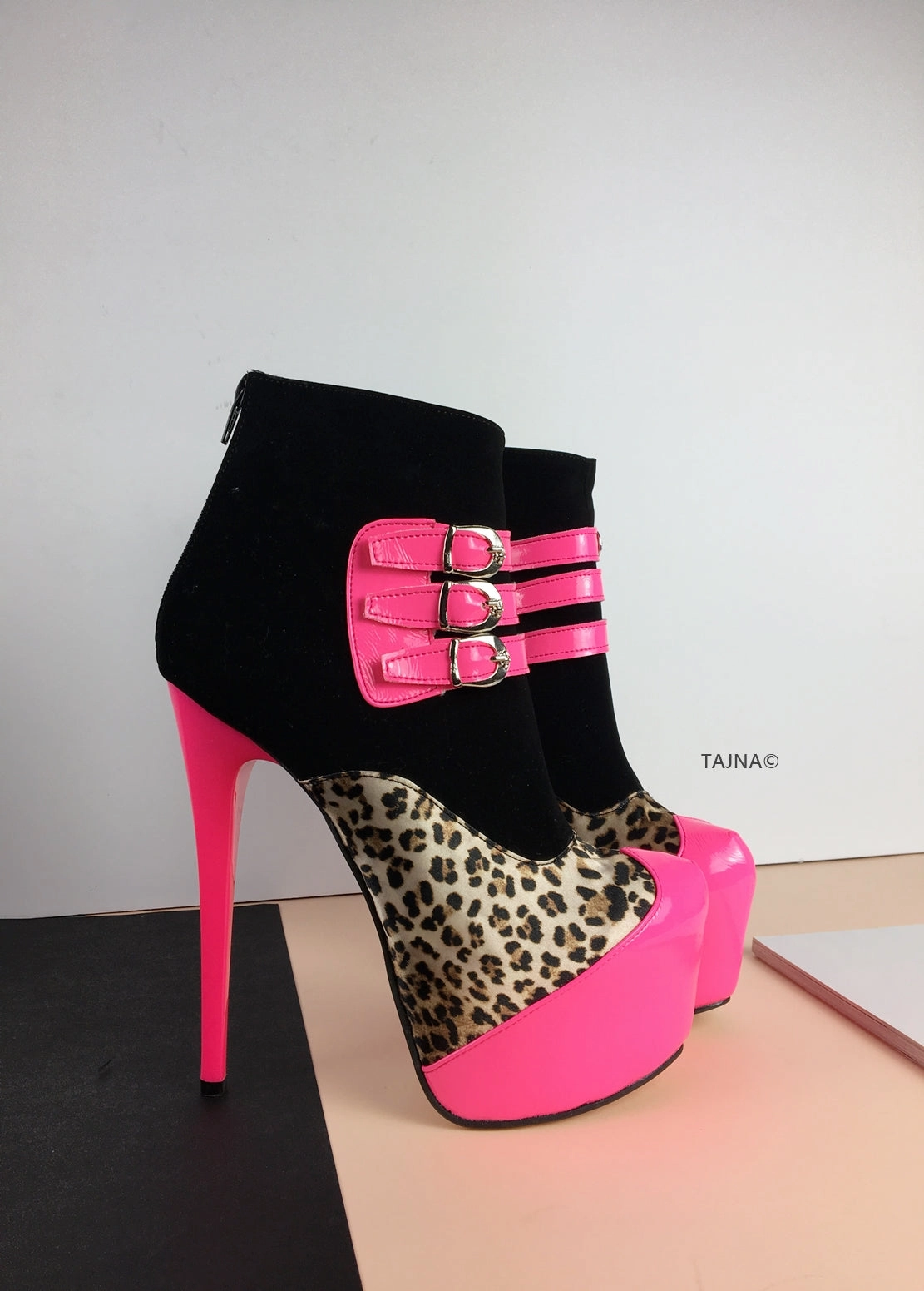 Pink Leopard Black Belted Boots