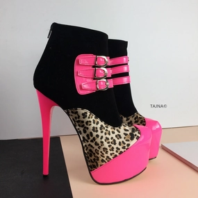 Pink Leopard Black Belted Boots