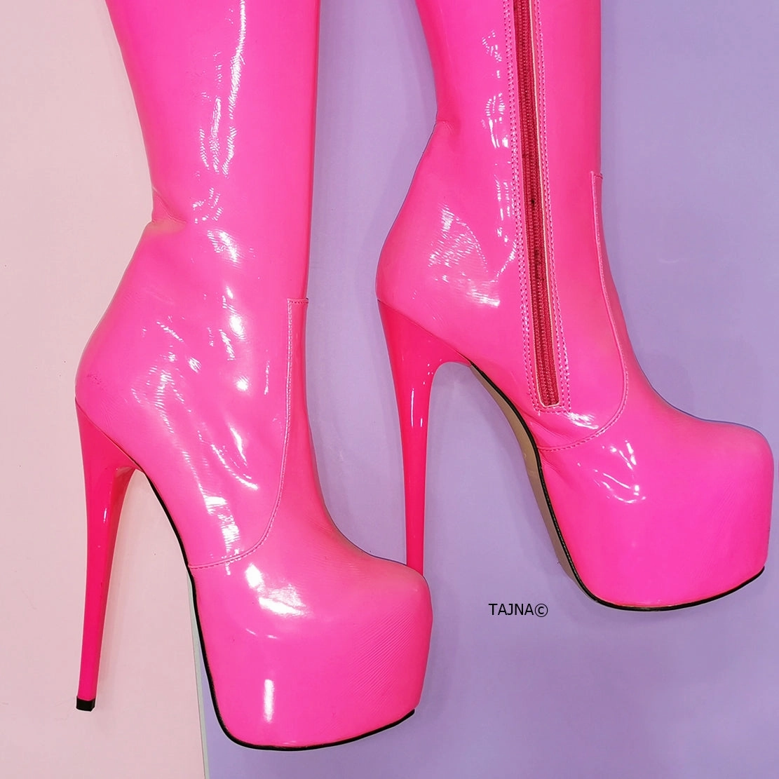 Pink Neon Knee High Platform Boots