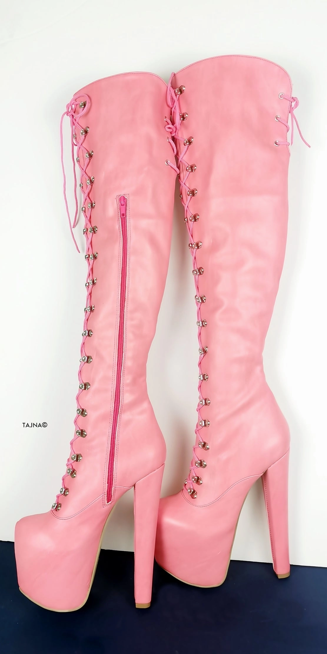 Pink Strech Over Knee Military High Heel Boots