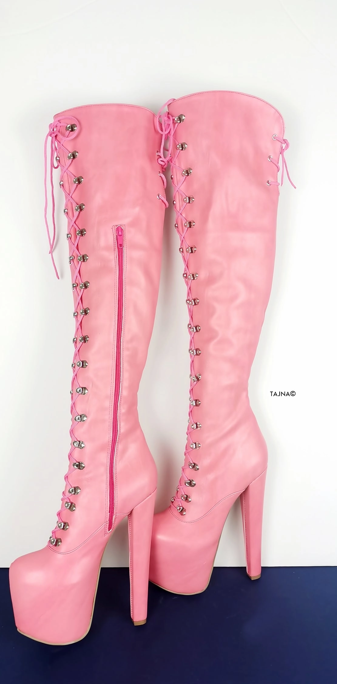 Pink Strech Over Knee Military High Heel Boots