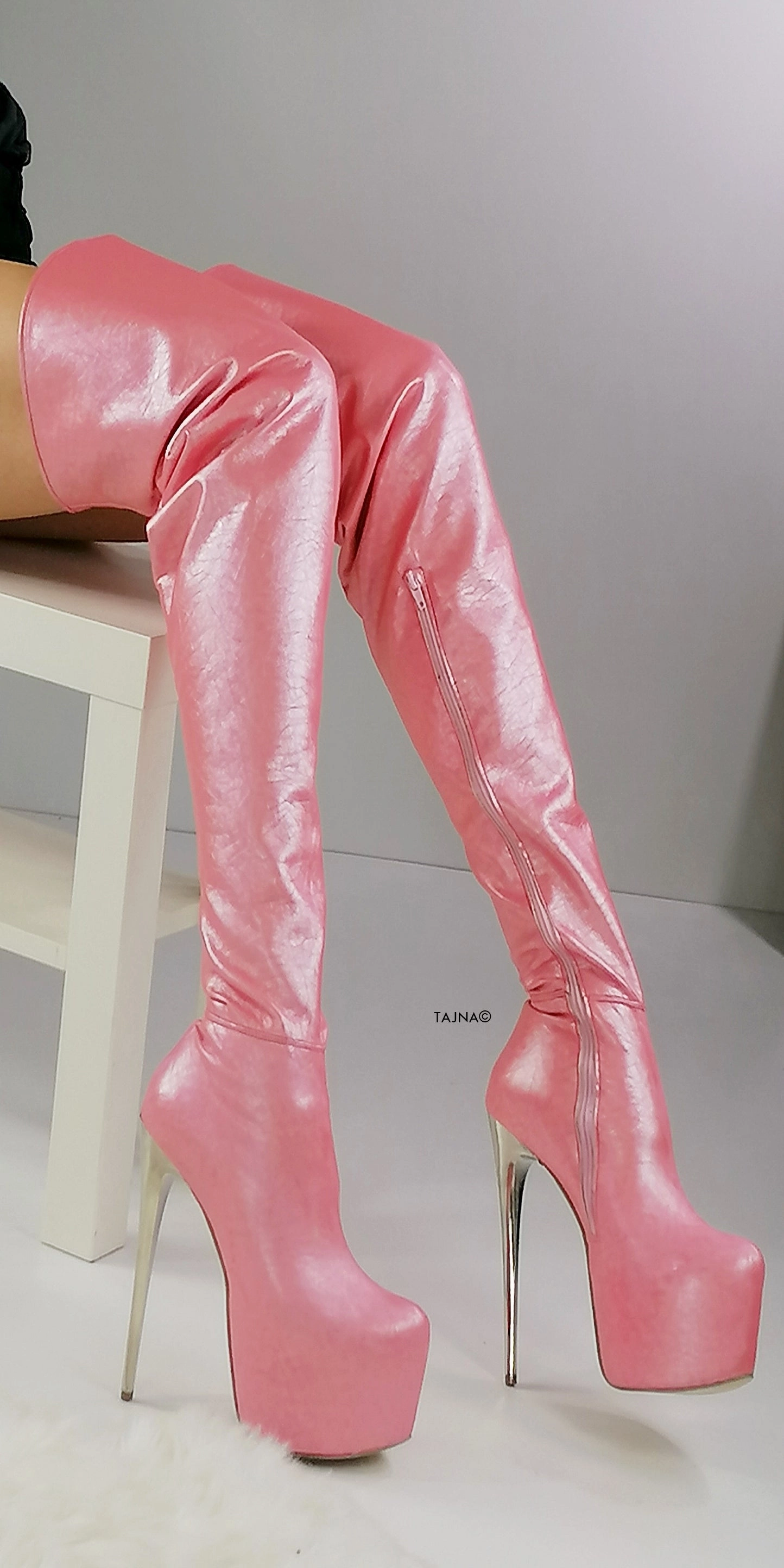Pink Strech Thigh High Metallic Heel Boots