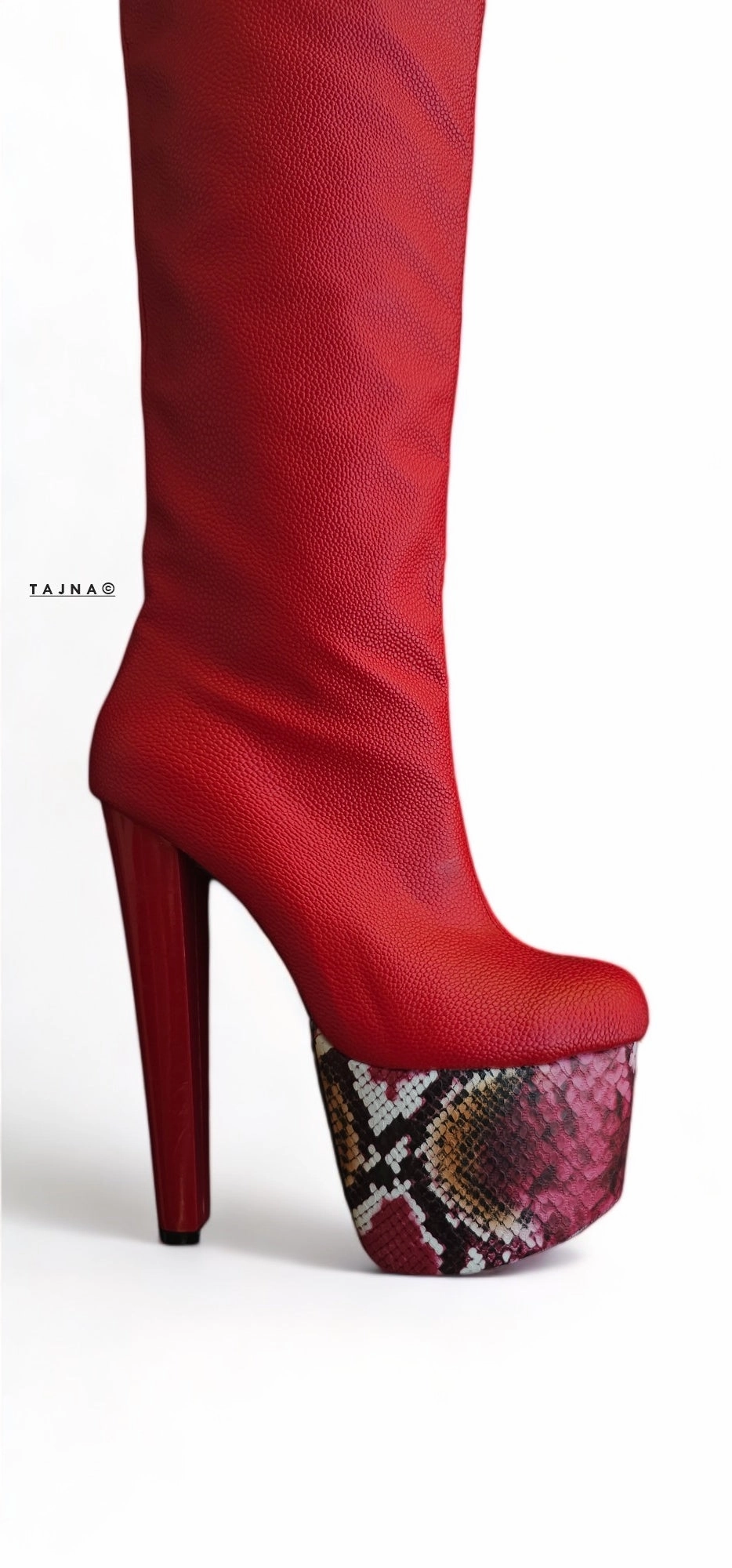 Red Knee High Snake Print Detailed Chunky High Heel Boots