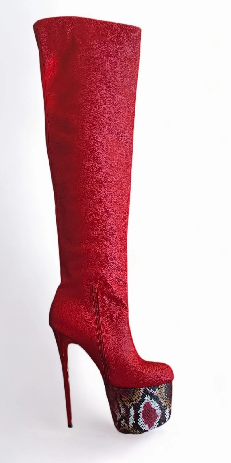 Red Knee High Snake Print Detailed High Heel Boots