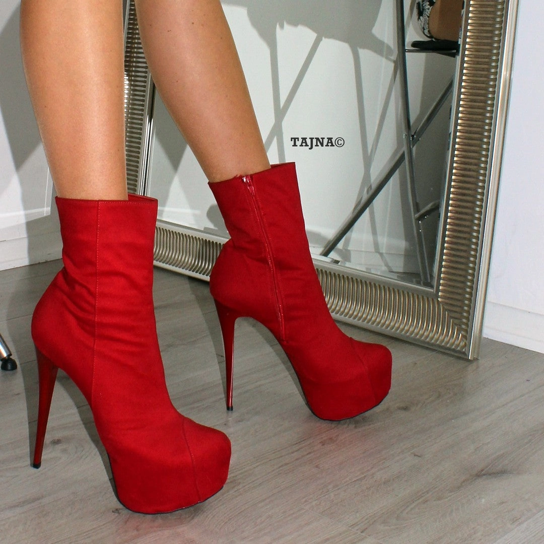 Red Suede High Heel Platform Ankle Boots