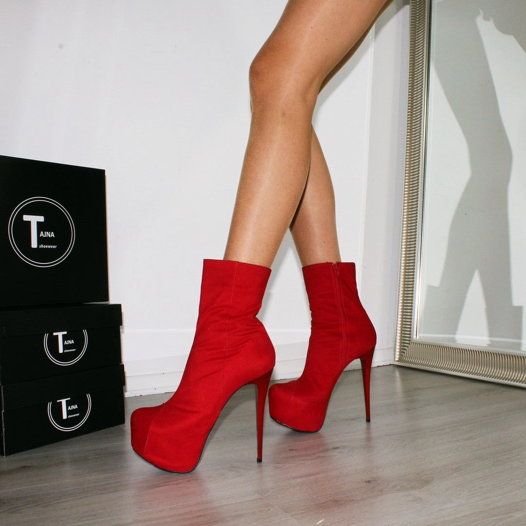 Red Suede High Heel Platform Ankle Boots