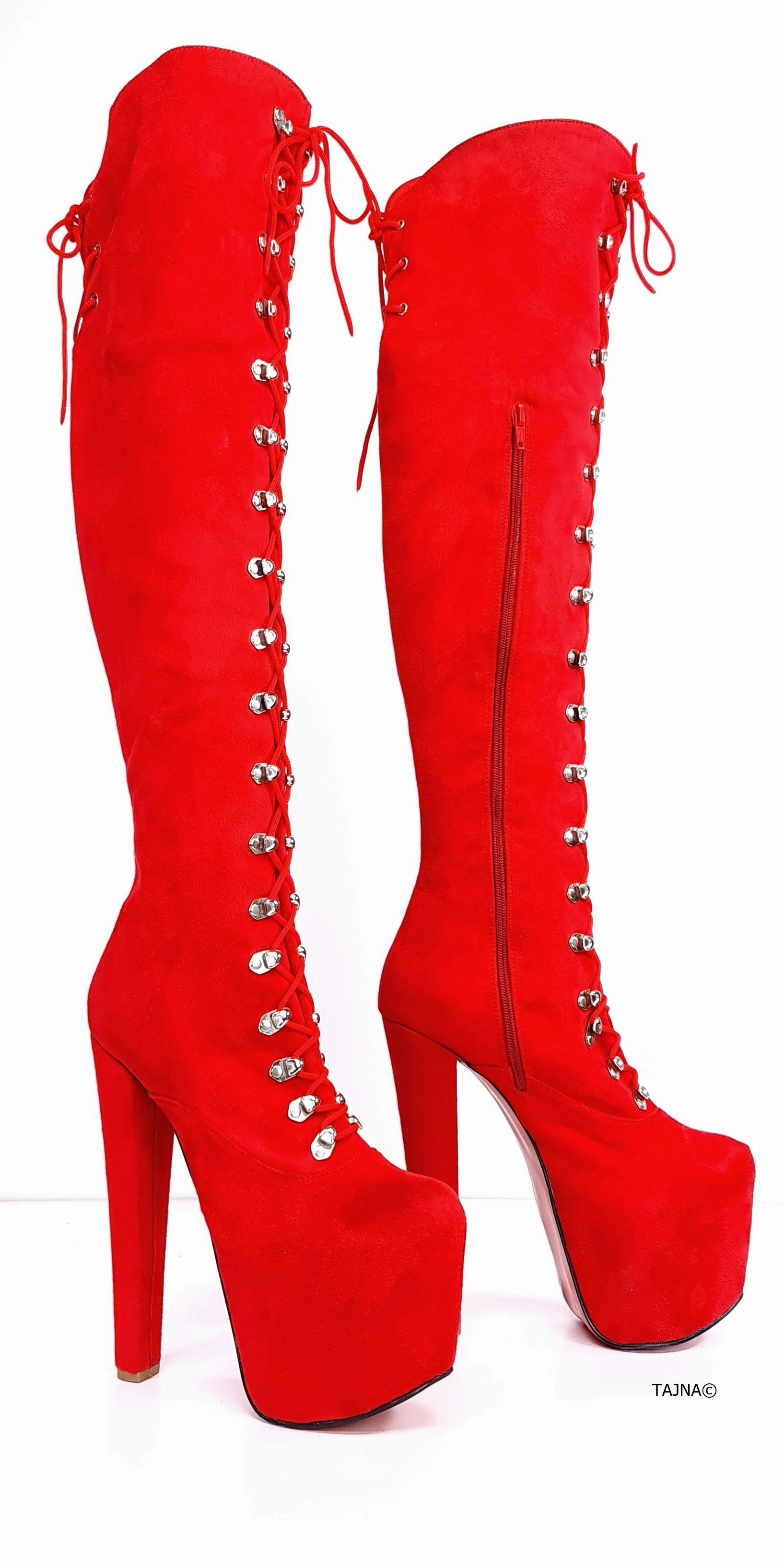 Red Suede Military Style Chunky Heel Boots