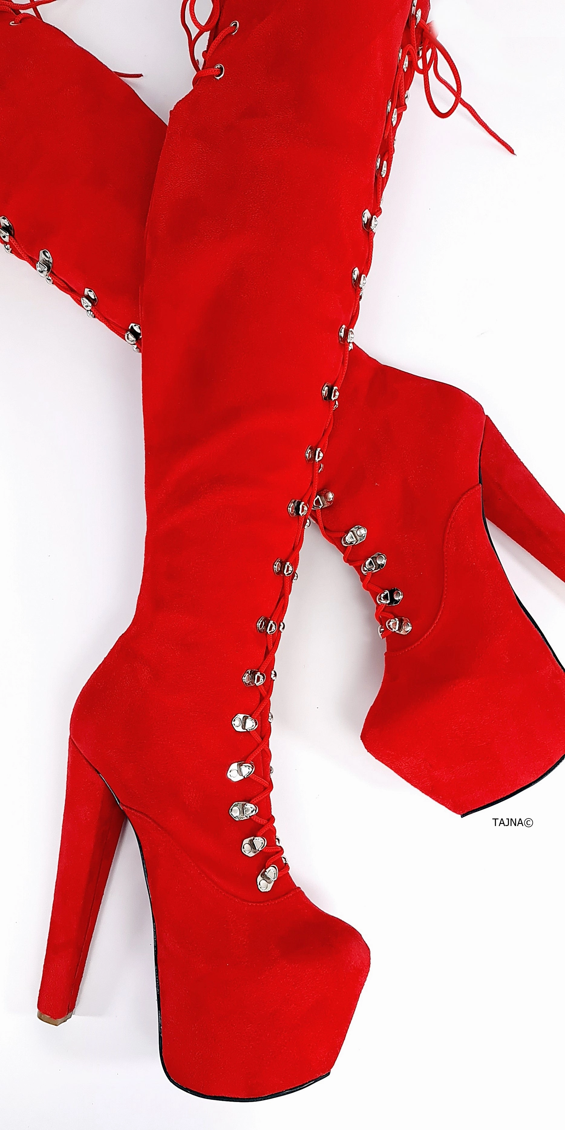 Red Suede Military Style Chunky Heel Boots