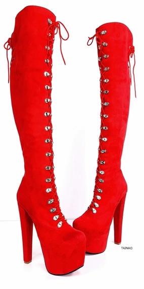 Red Suede Military Style Chunky Heel Boots