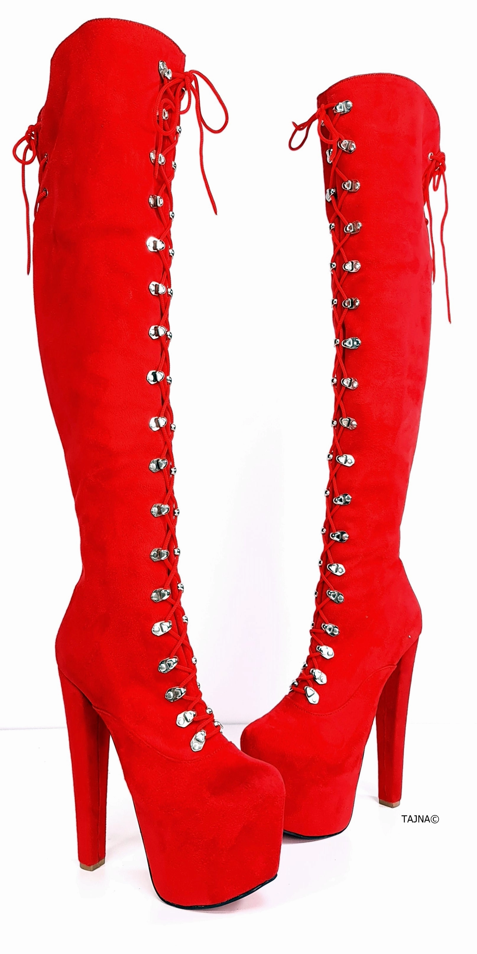 Red Suede Military Style Chunky Heel Boots