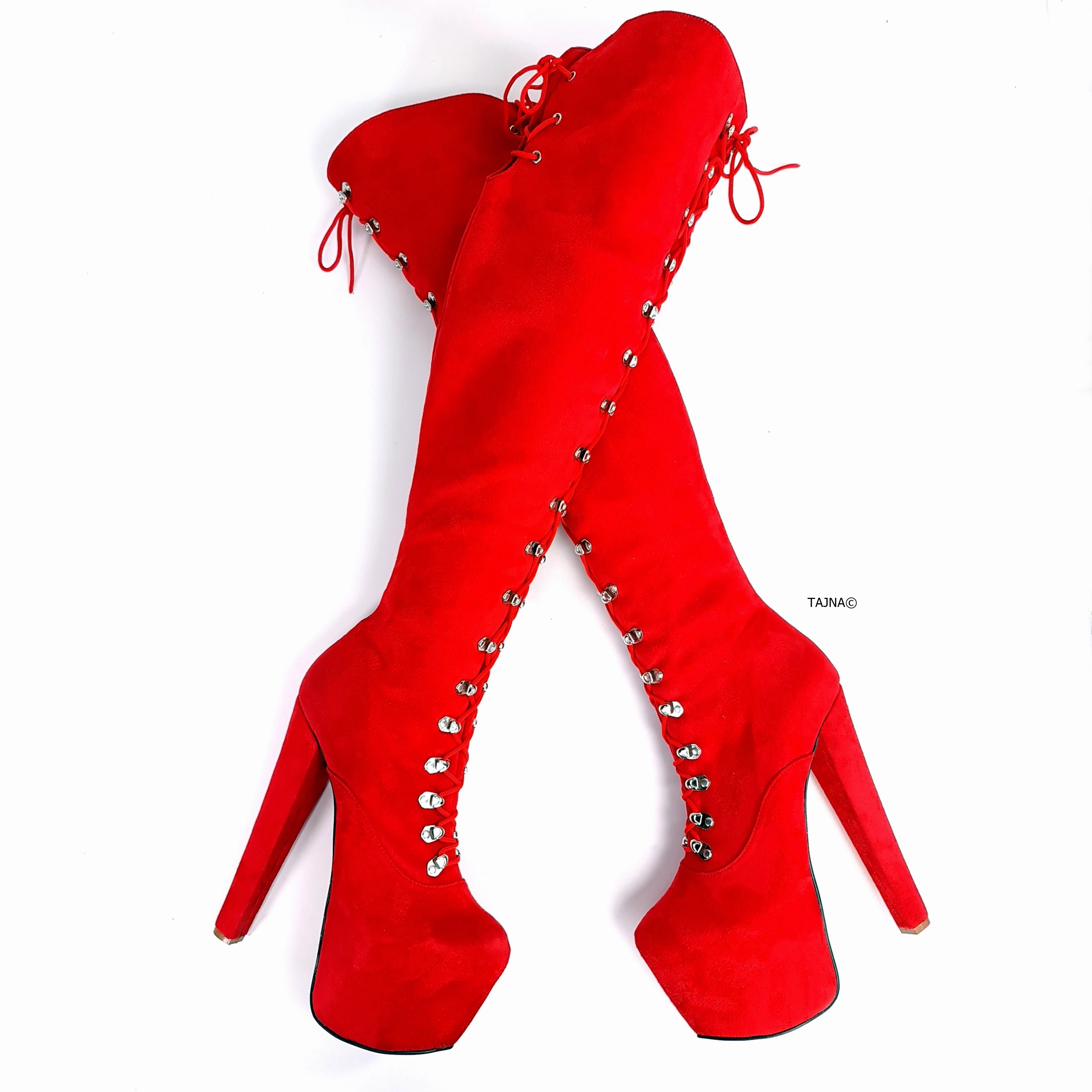 Red Suede Military Style Chunky Heel Boots