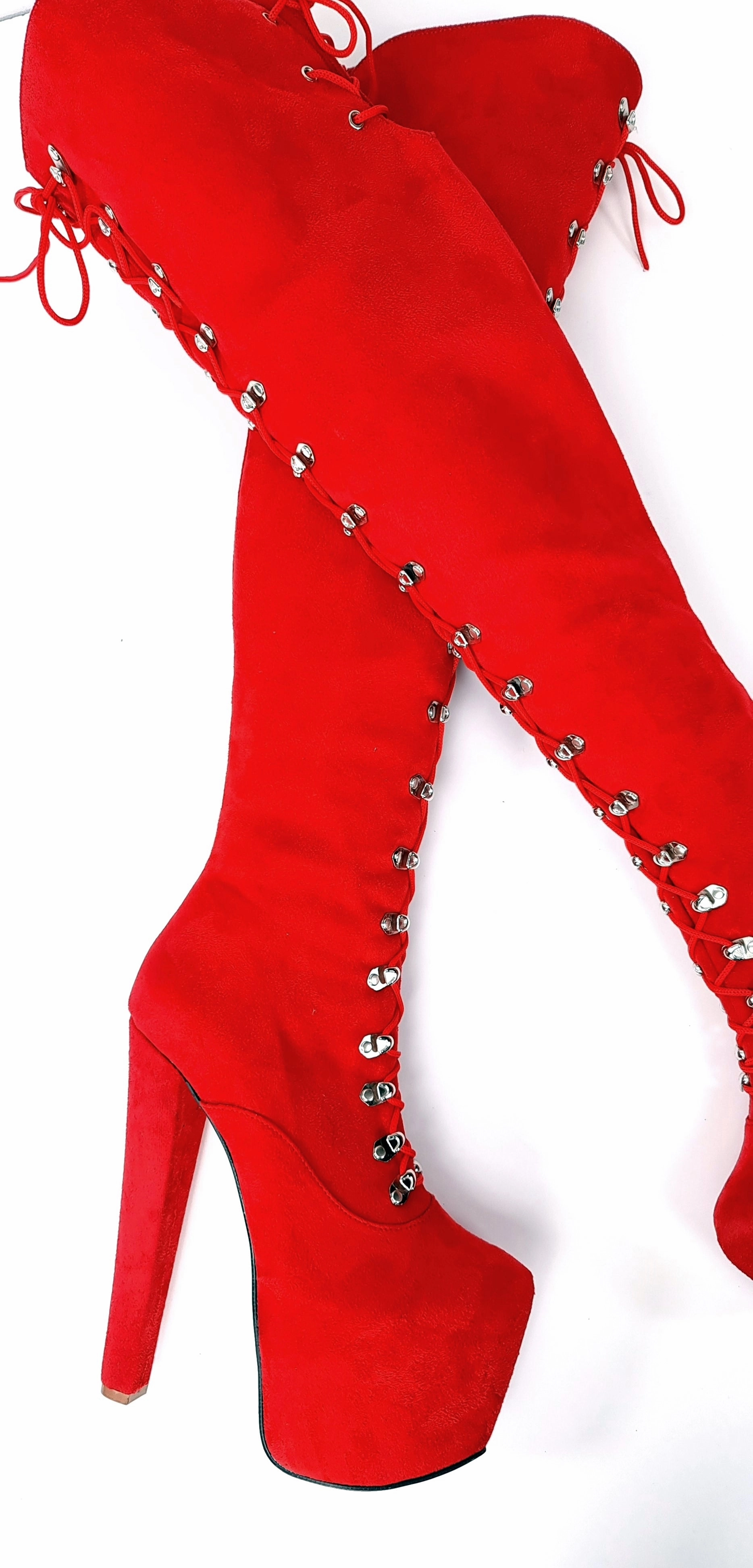 Red Suede Military Style Chunky Heel Boots