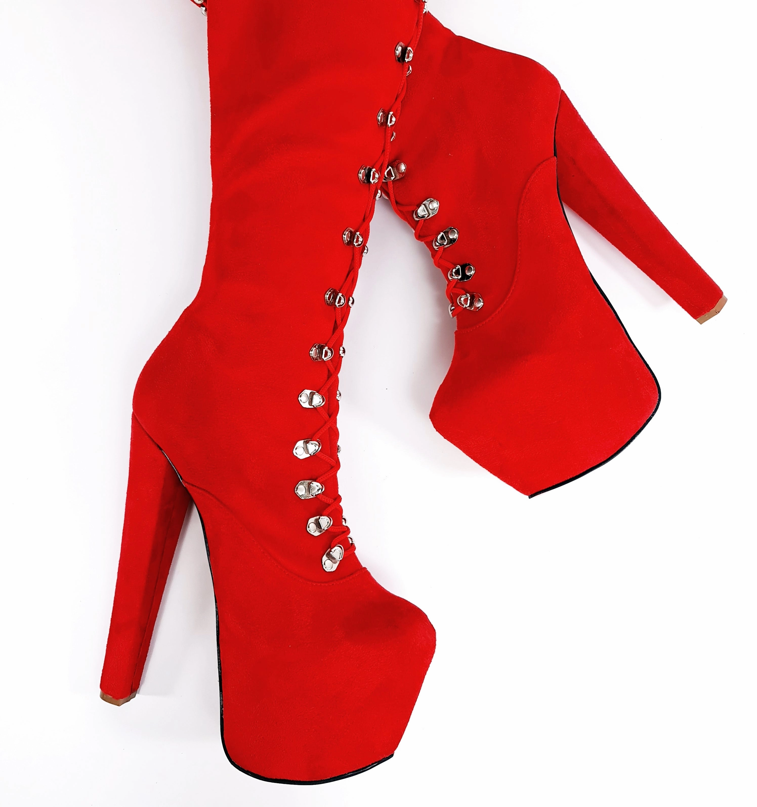 Red Suede Military Style Chunky Heel Boots
