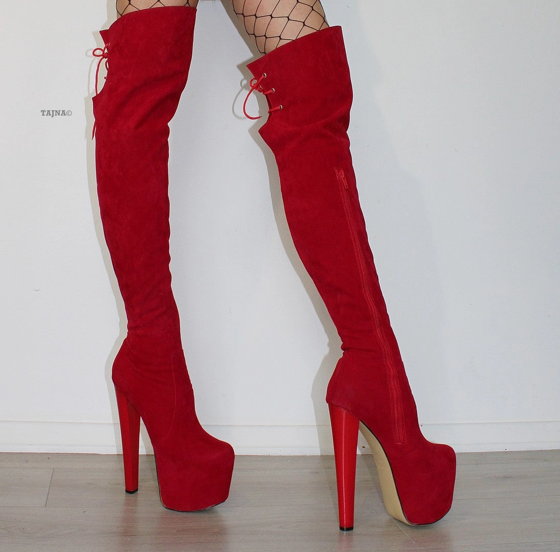 Red Suede Over Knee Platform Boots