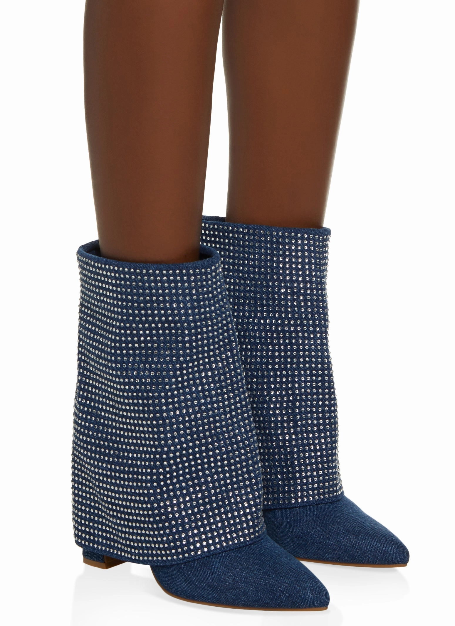 Rhinestone Denim Mid Calf Fold Over Boots