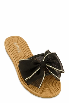 Rhinestone Trim Bow Slide Sandals