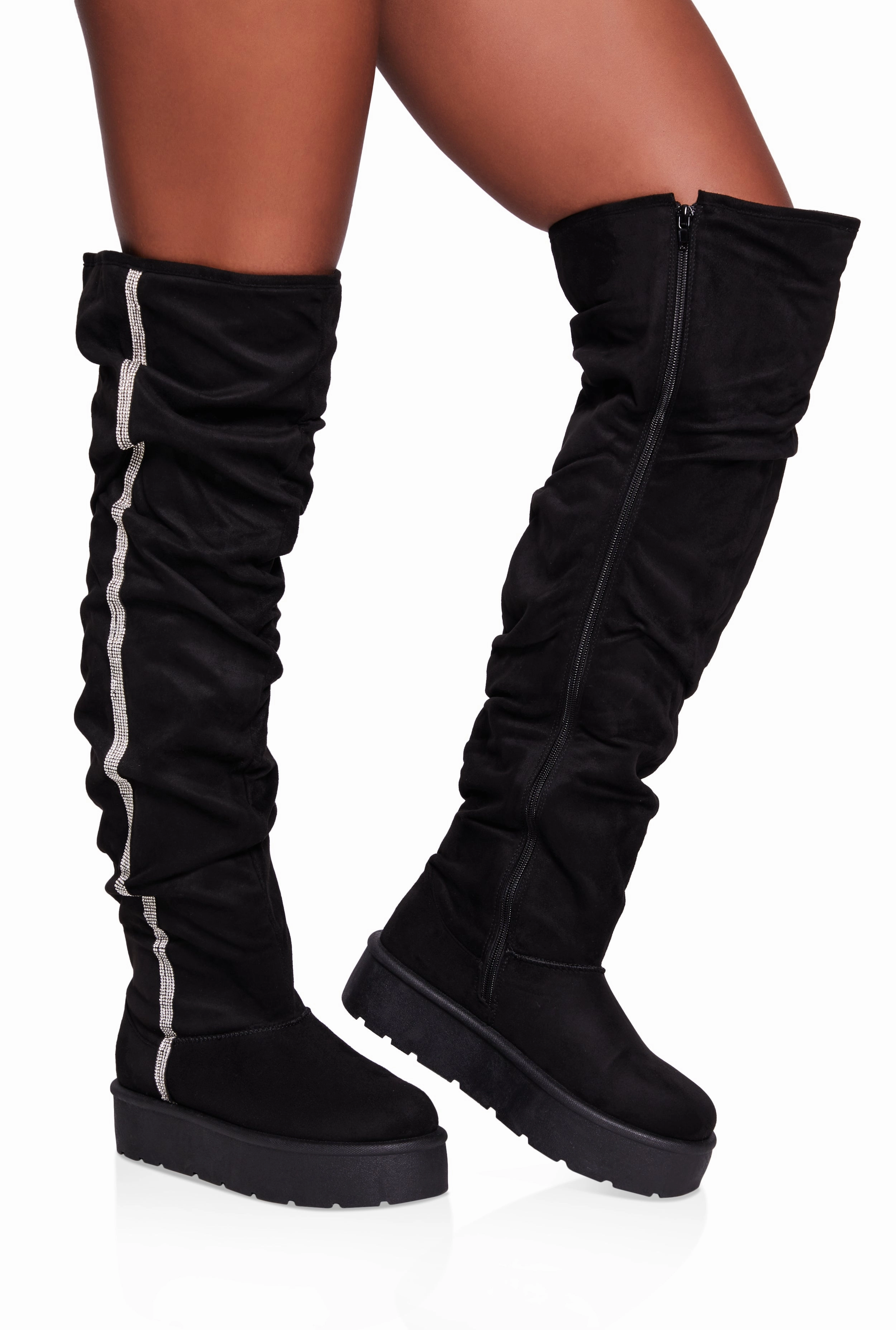 Rhinestone Trim Slouch Over the Knee Boots