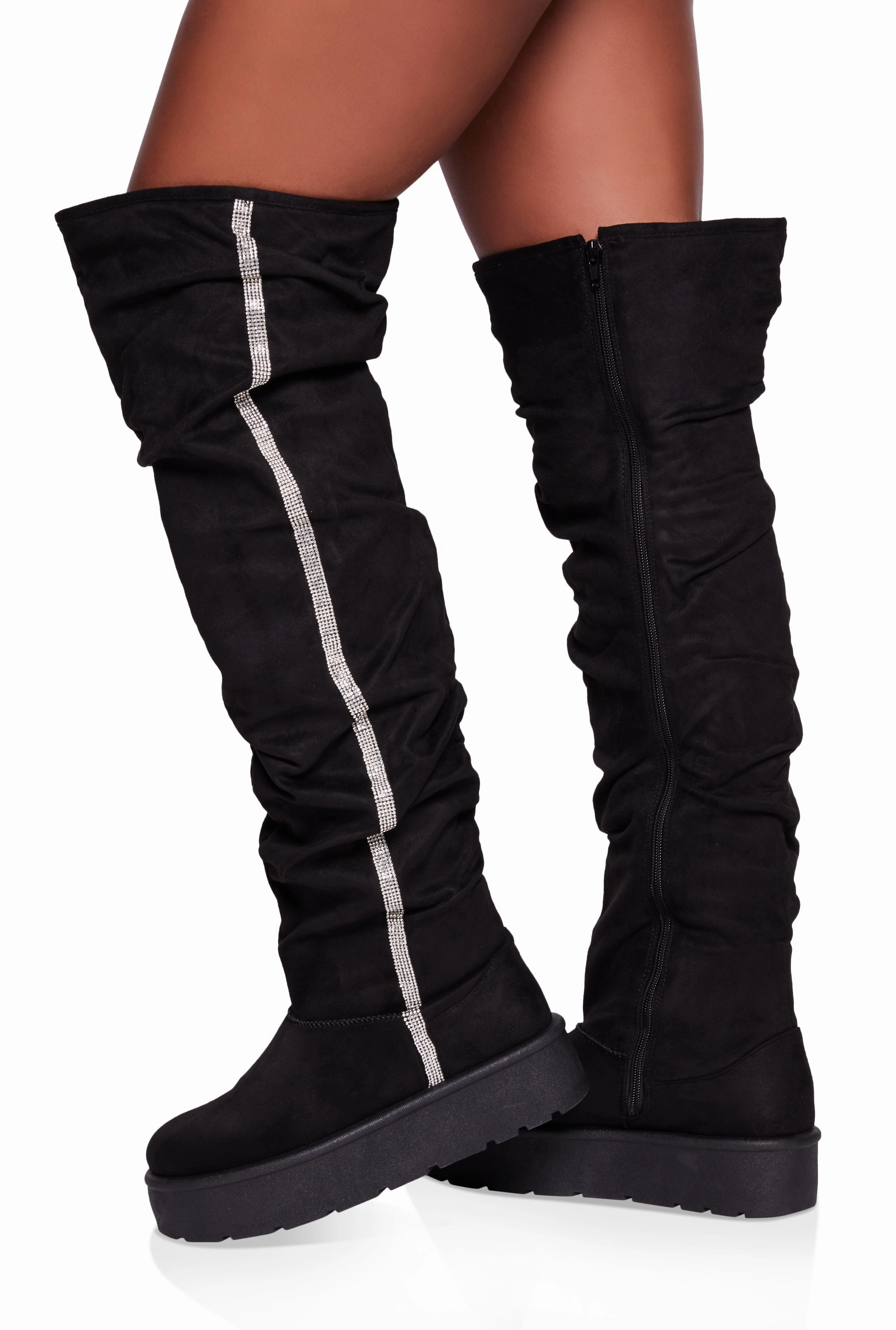 Rhinestone Trim Slouch Over the Knee Boots