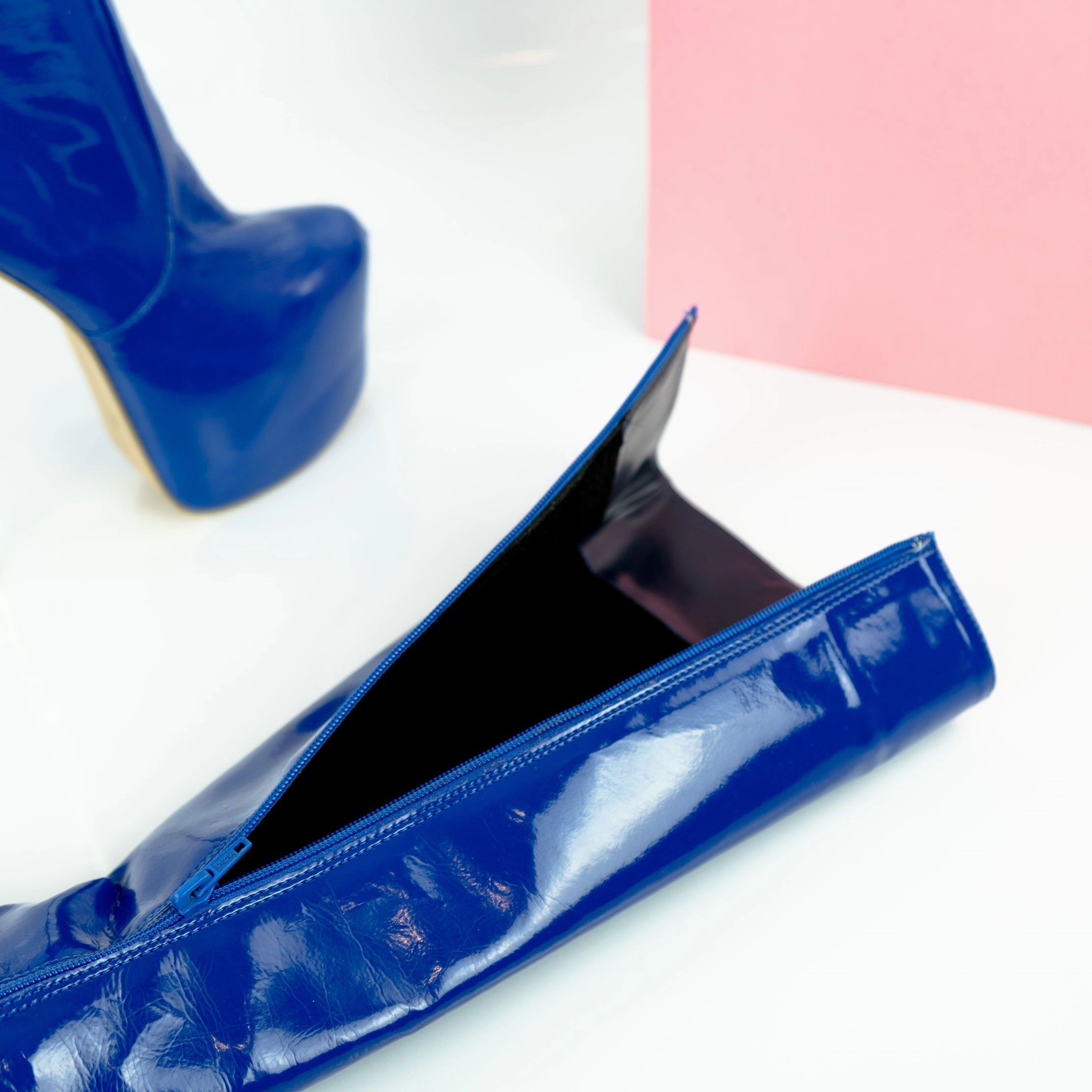 Saxe Blue Gloss Mid Calf High Heel Boots