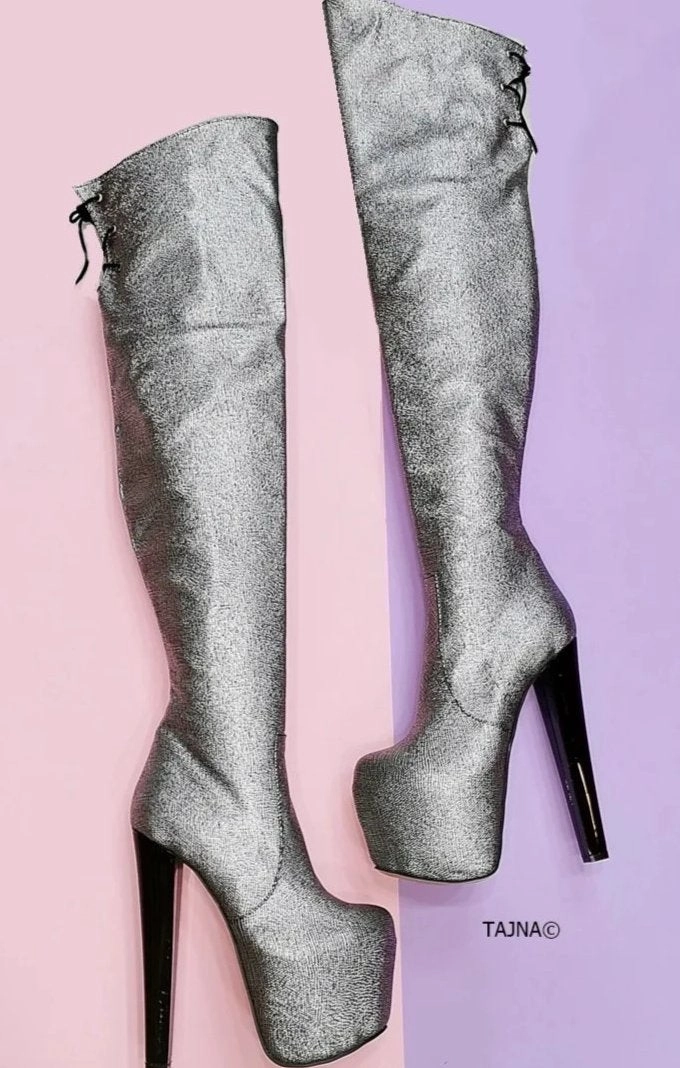 Silver Metallic Gray Knee High Boots