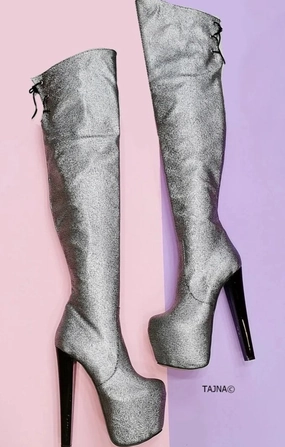 Silver Metallic Gray Knee High Boots