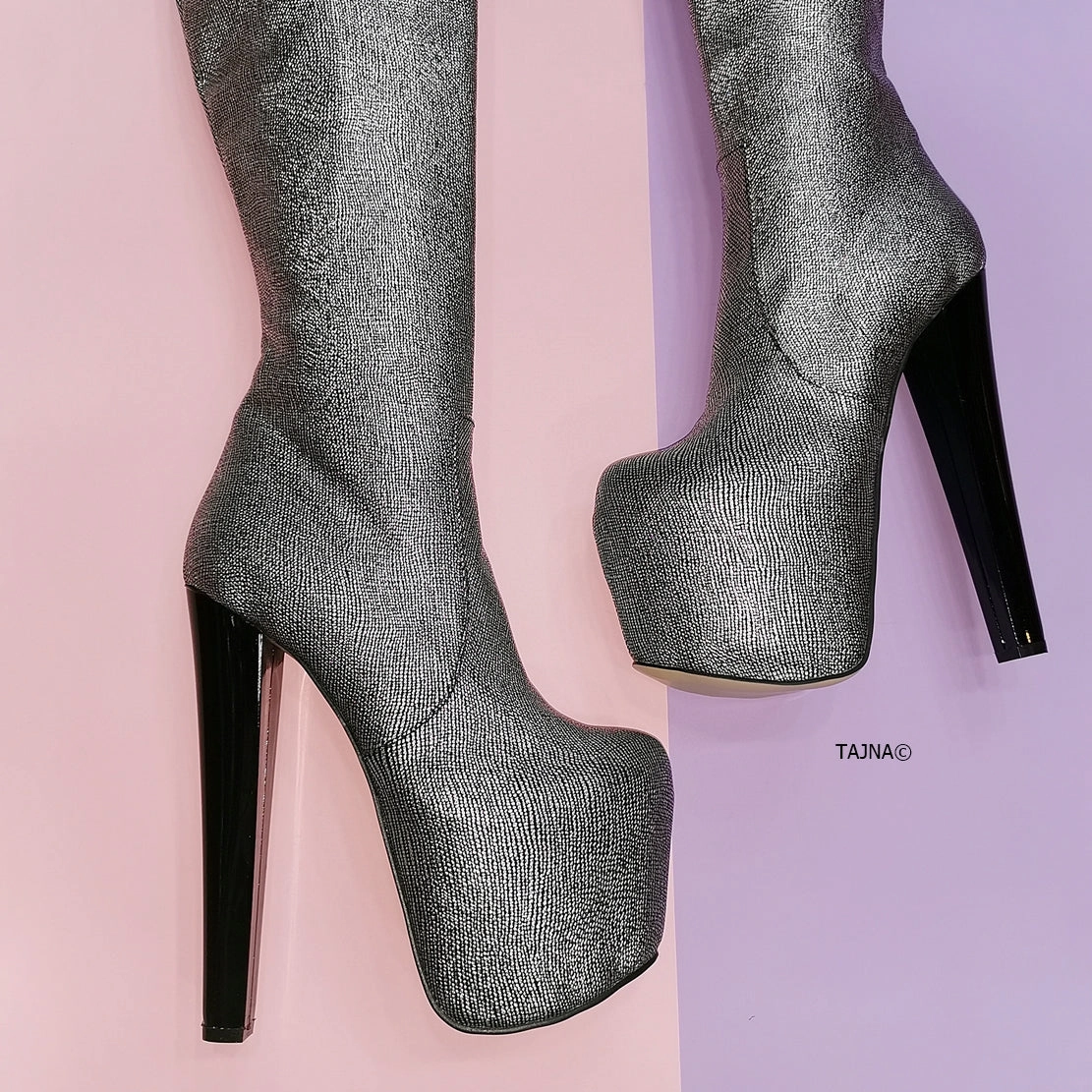 Silver Metallic Gray Knee High Boots