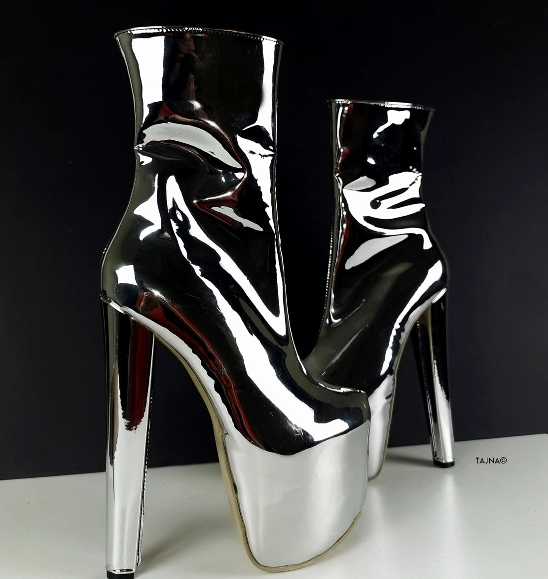 Silver Mirror High Heel Chunky Boots