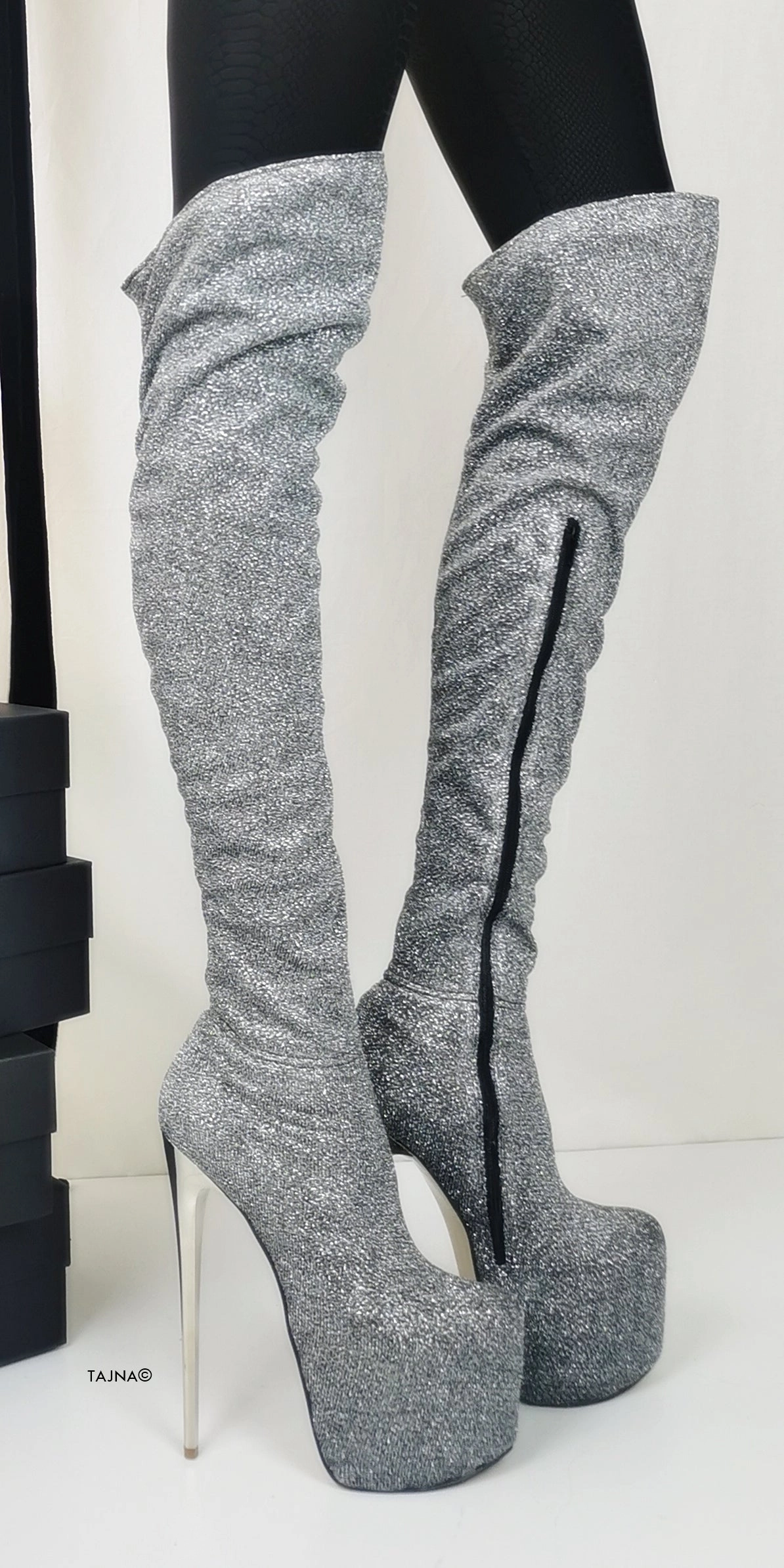 Silver Shiny Strech Long High Boots
