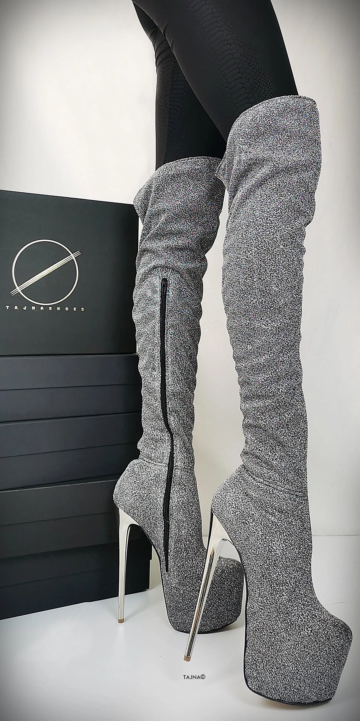Silver Shiny Strech Long High Boots