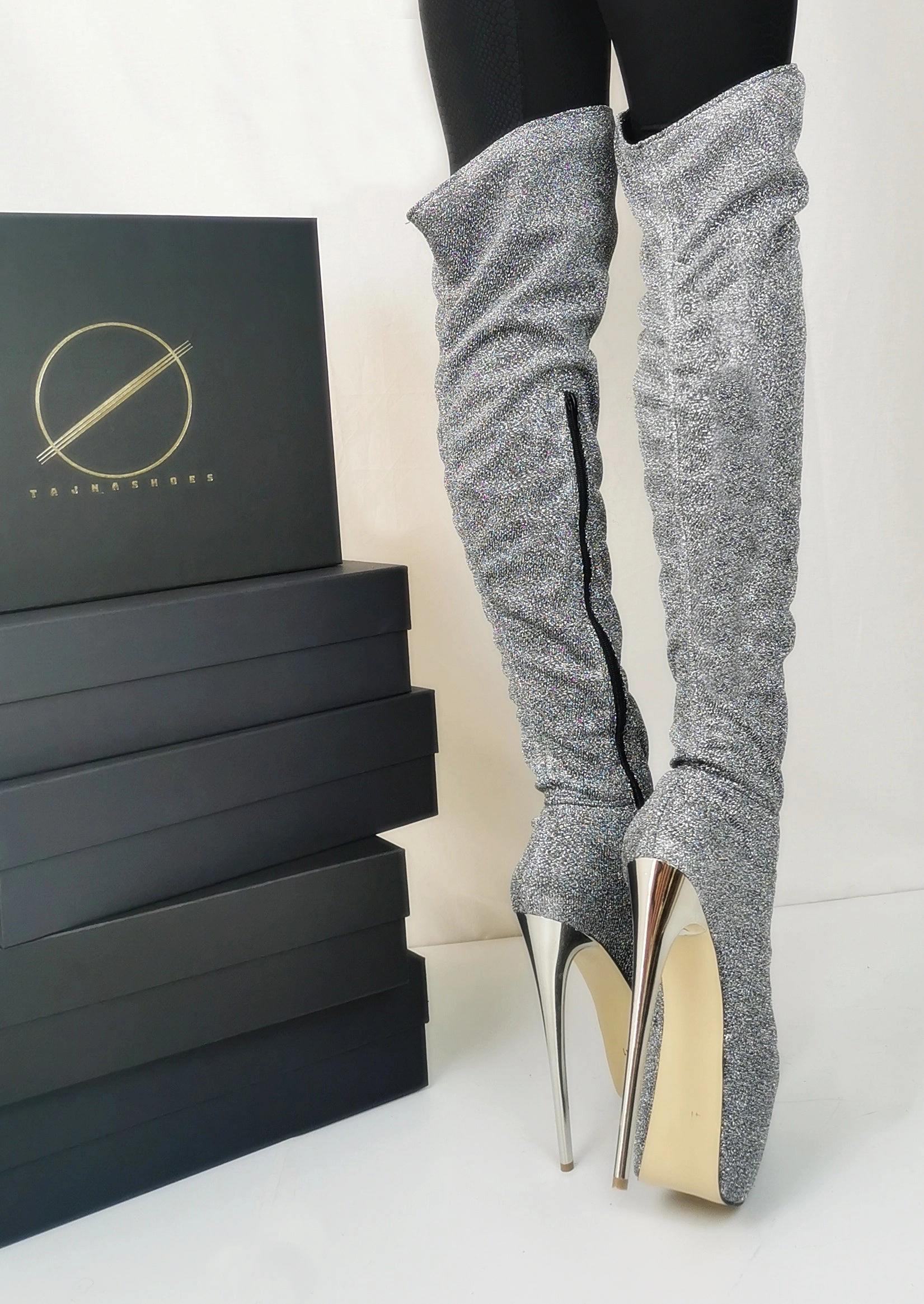 Silver Shiny Strech Long High Boots