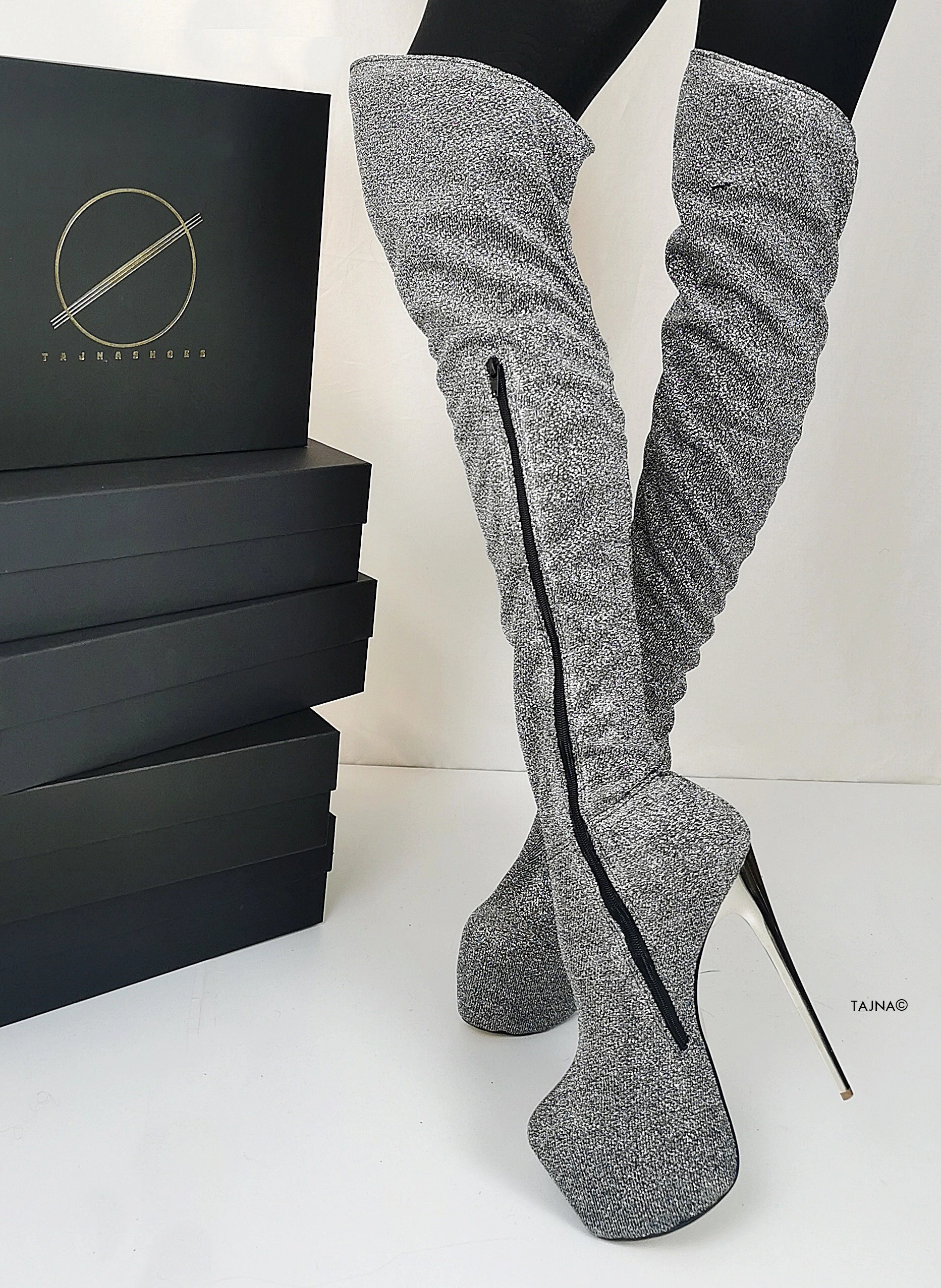 Silver Shiny Strech Long High Boots
