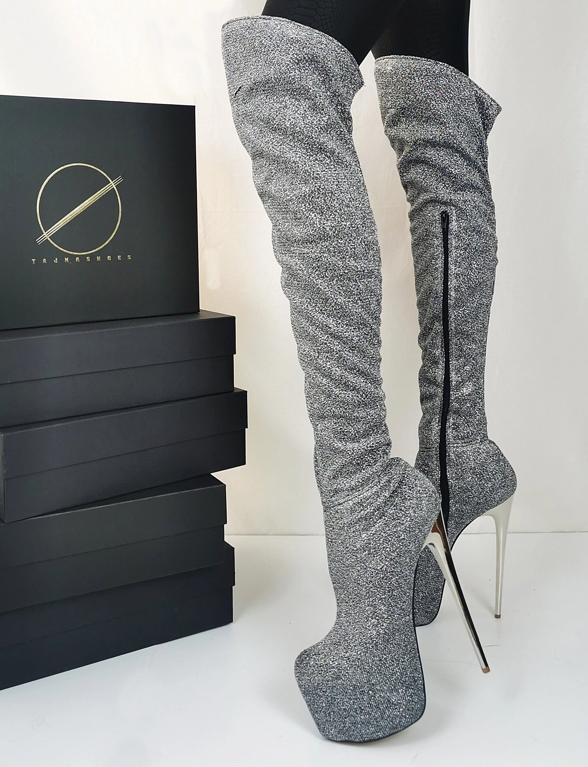 Silver Shiny Strech Long High Boots