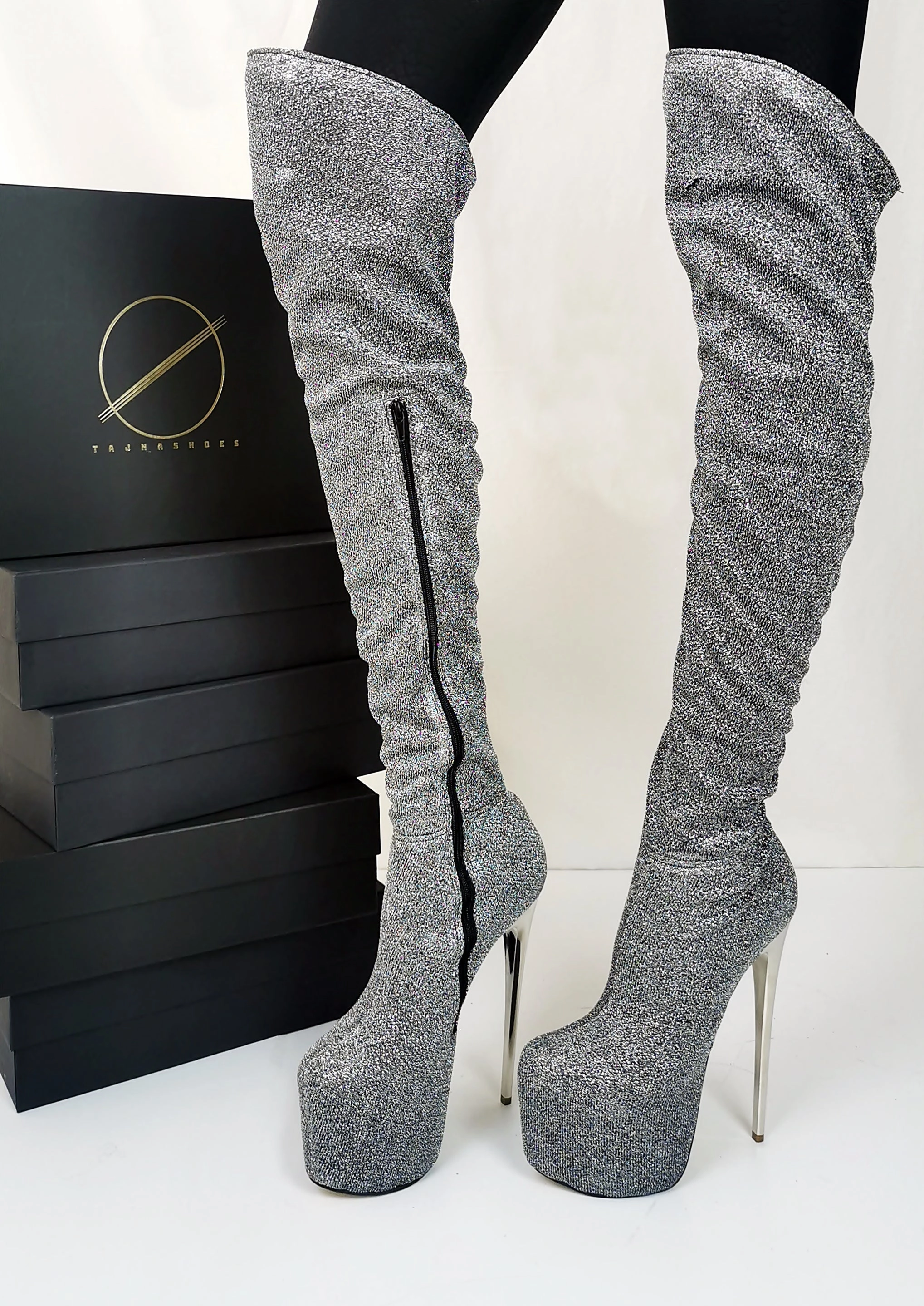 Silver Shiny Strech Long High Boots