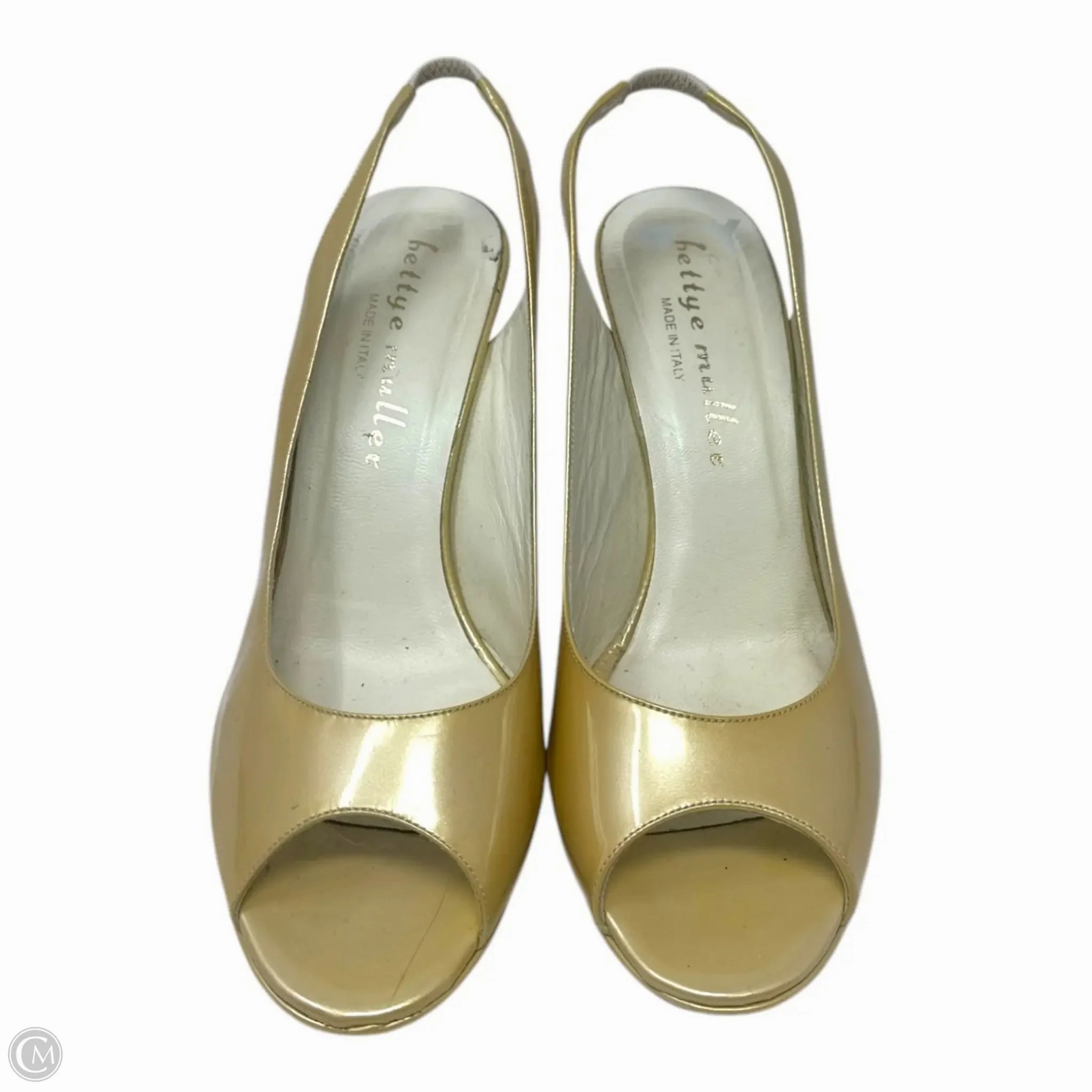 Slingback Stiletto Peep Toe Pumps By Bettye Muller In Metallic Gold Patent Leather, Size: US 9/ IT 39