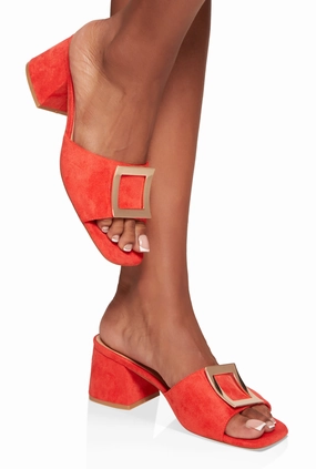 Square Pendant Open Toe Block Heel Mules