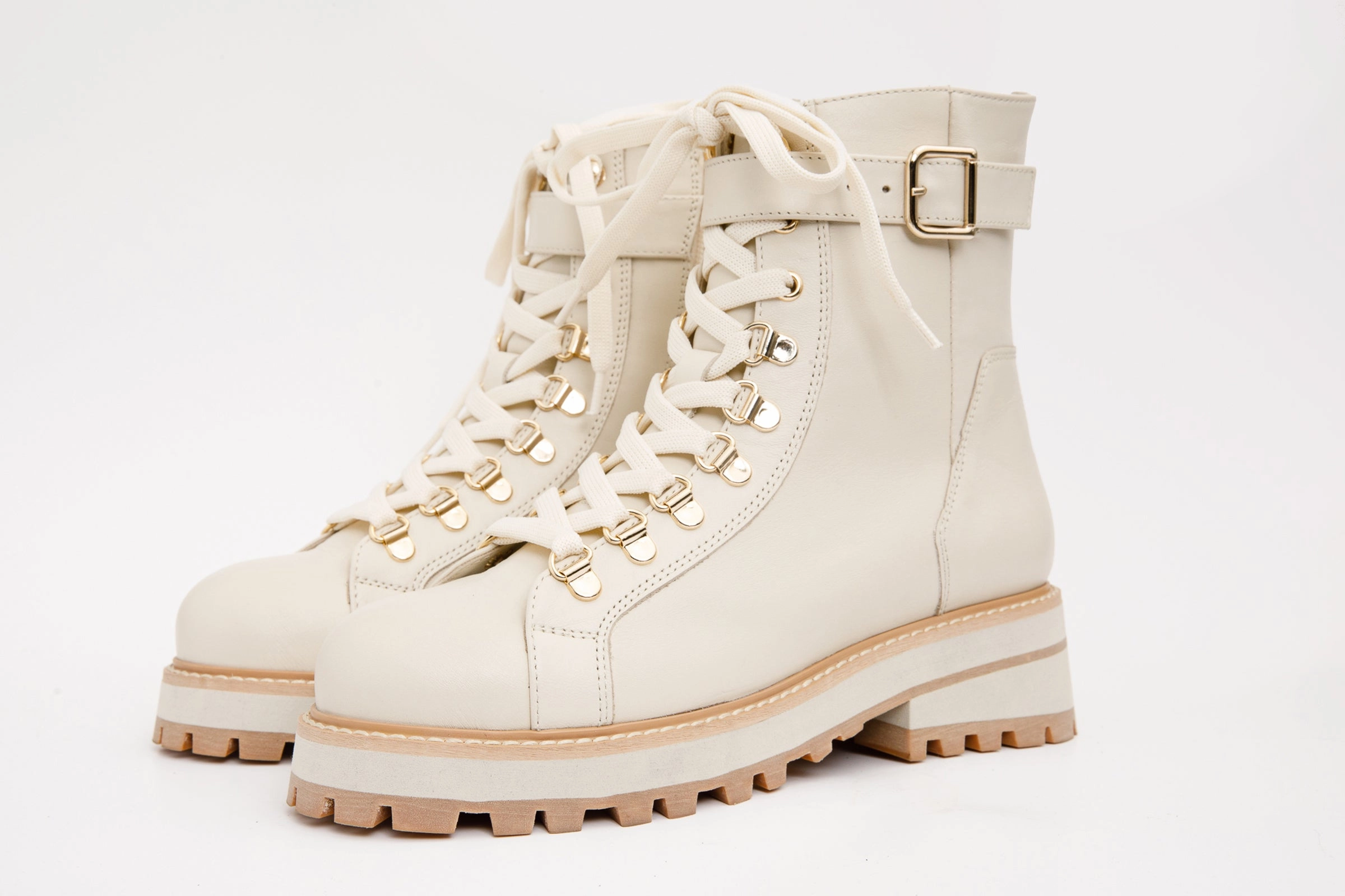 The Belgrano Cream Leather Lace-Up Ankle Women Boot With a Side Zipper