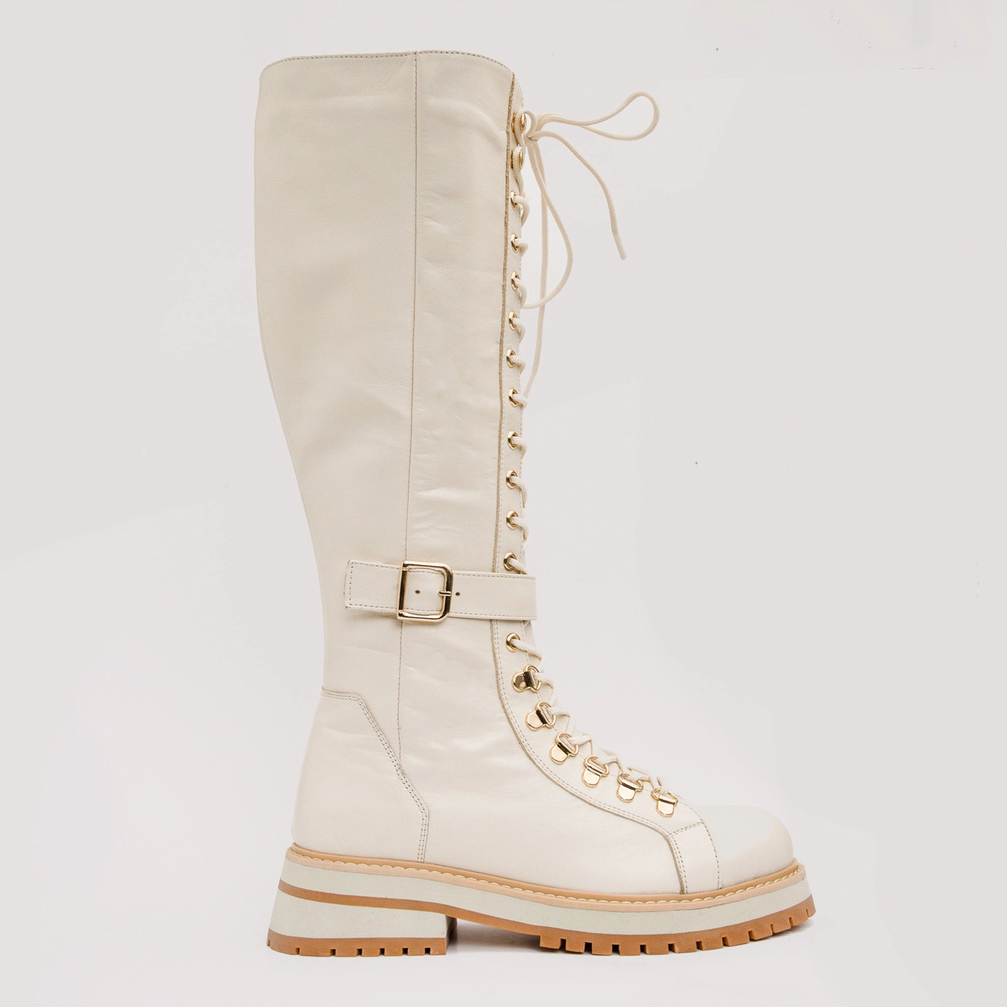 The Istinye Cream Leather Knee High Lace-Up Women Boot Limited Edition
