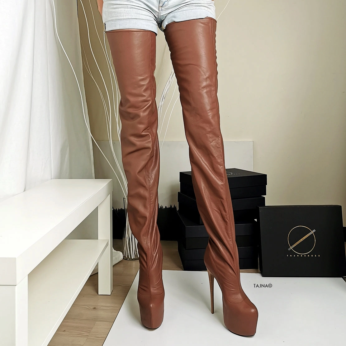 Thigh High Brown Genuine Leather Boots