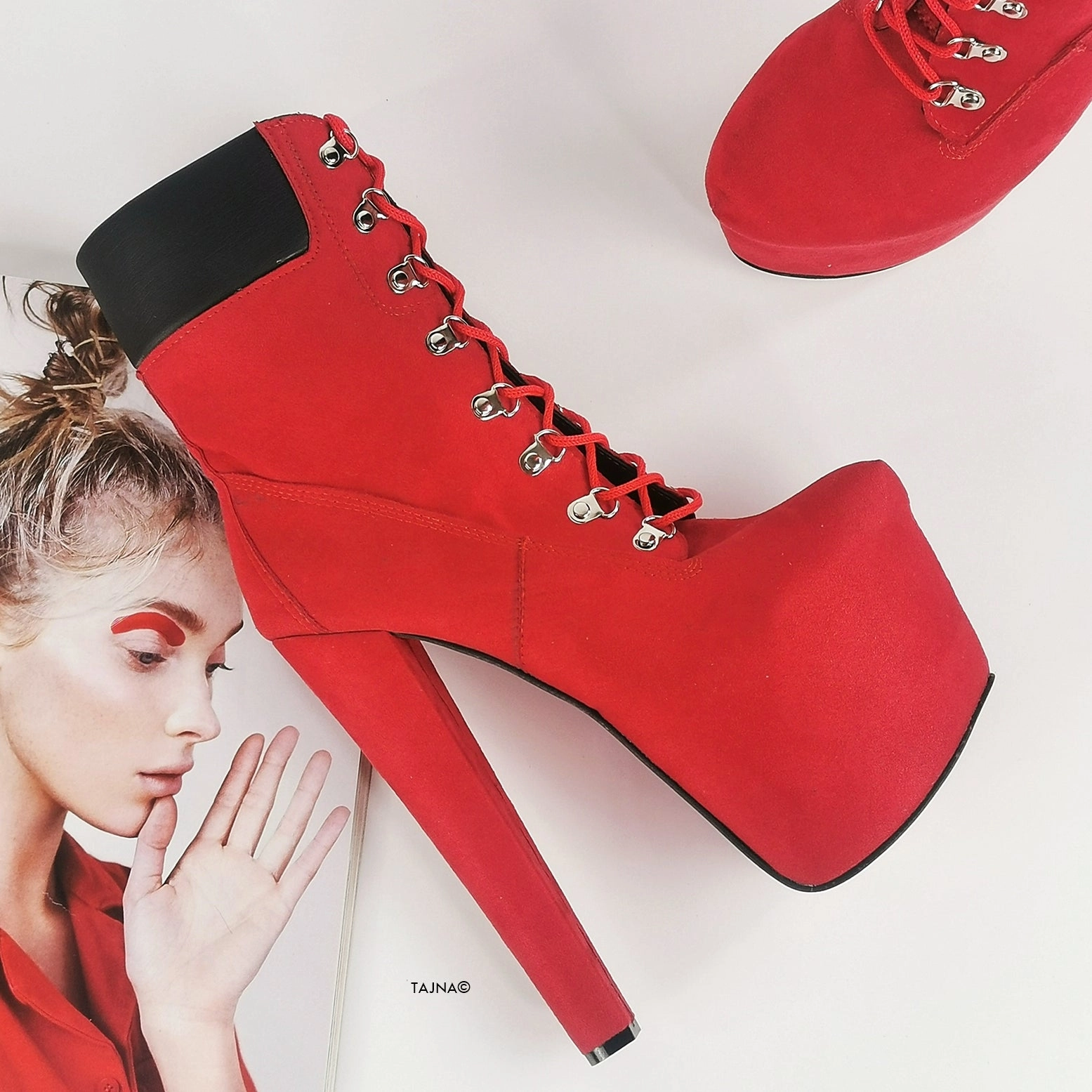 Timber Lace Up Red Suede Platform Ankle Boots
