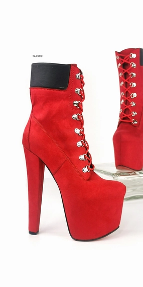 Timber Lace Up Red Suede Platform Ankle Boots