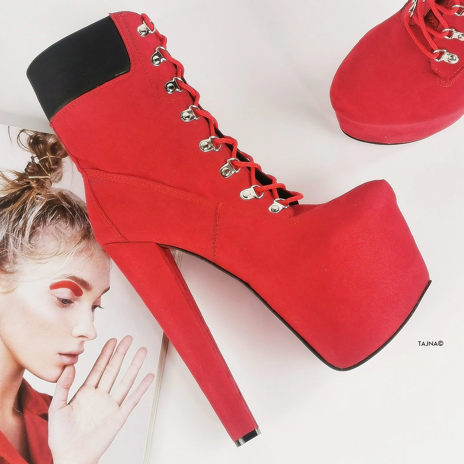 Timber Lace Up Red Suede Platform Ankle Boots