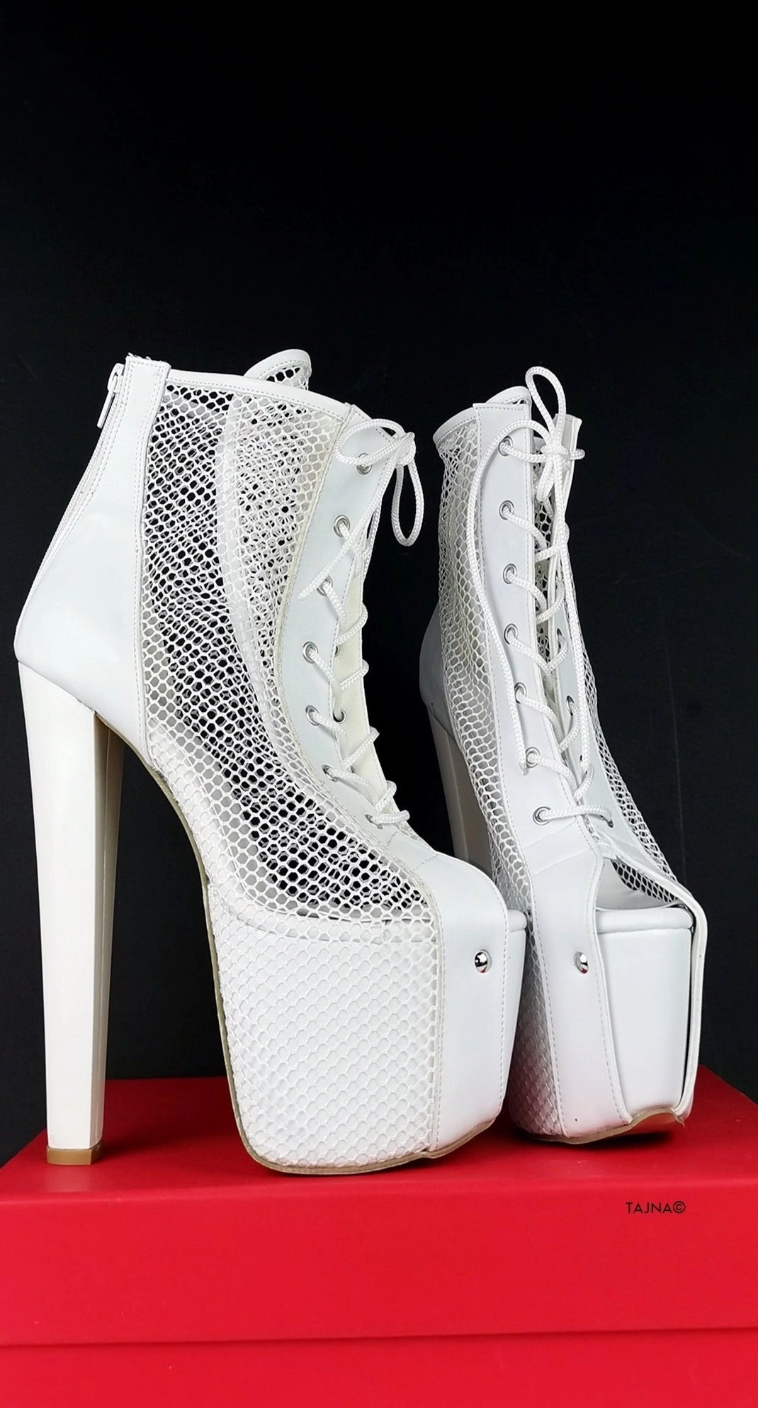 White Fishnet Lace Up Booties