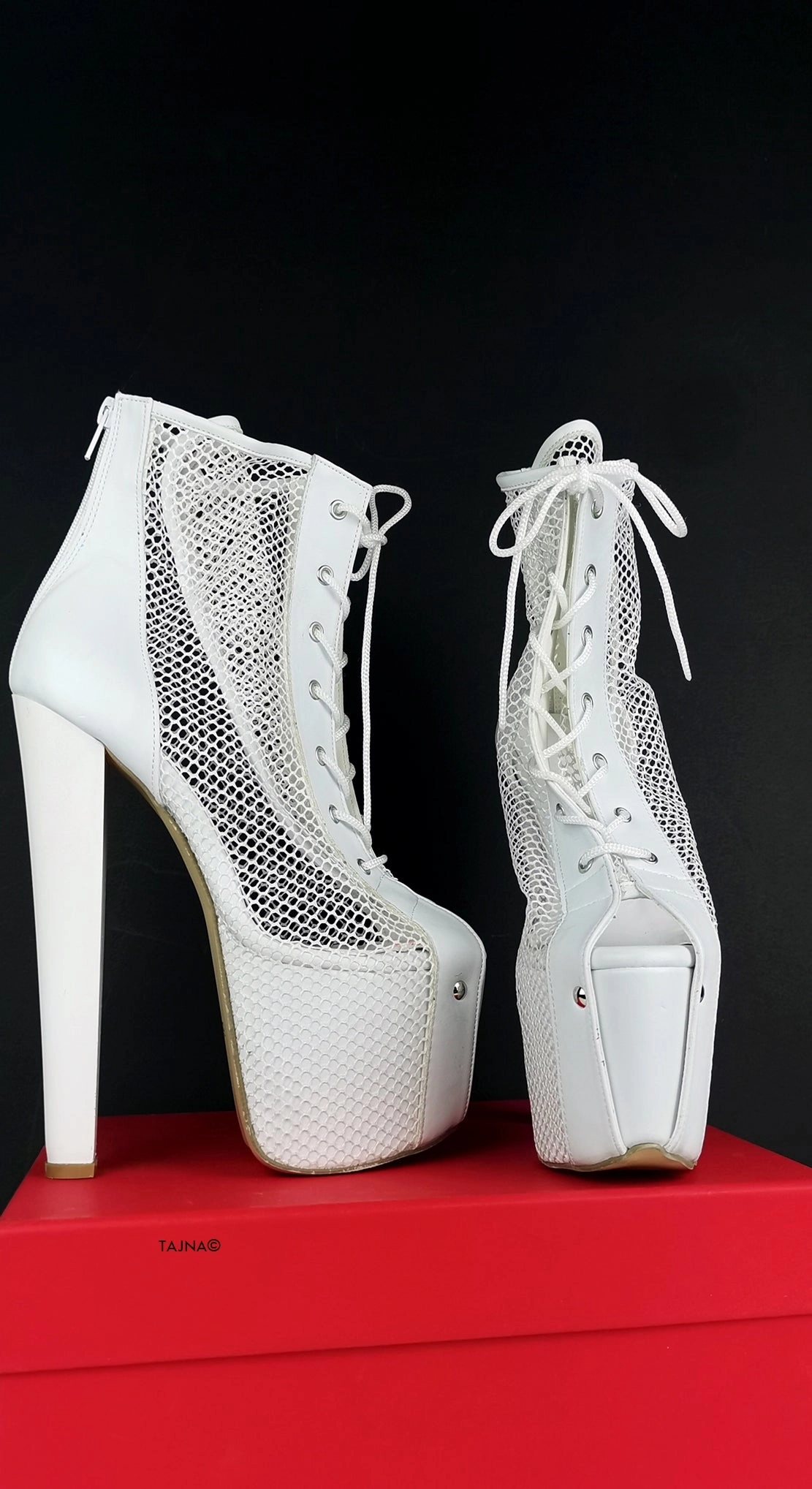 White Fishnet Lace Up Booties